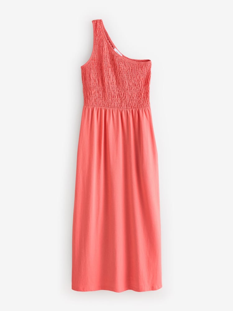 Coral Pink Shirred One Shoulder 100% Cotton Midi Dress - Image 5 of 7