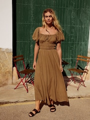Khaki Green Puff Sleeve Midi Dress - Image 1 of 8