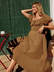Khaki Green Puff Sleeve Midi Dress - Image 2 of 8