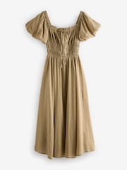 Khaki Green Puff Sleeve Midi Dress - Image 6 of 8