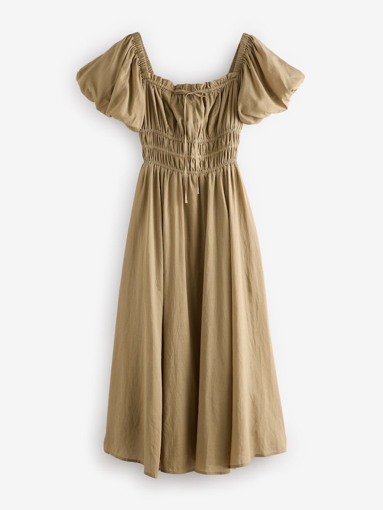 Khaki Green Puff Sleeve Midi Dress - Image 6 of 8