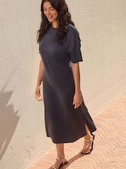Navy Blue Midi T-Shirt Summer Dress Containing TENCEL™? Lyocell - Image 2 of 9