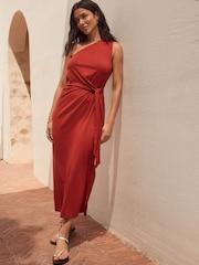 Rust Brown One Shoulder Summer Midi Dress - Image 1 of 8