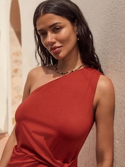 Rust Brown One Shoulder Summer Midi Dress - Image 4 of 8