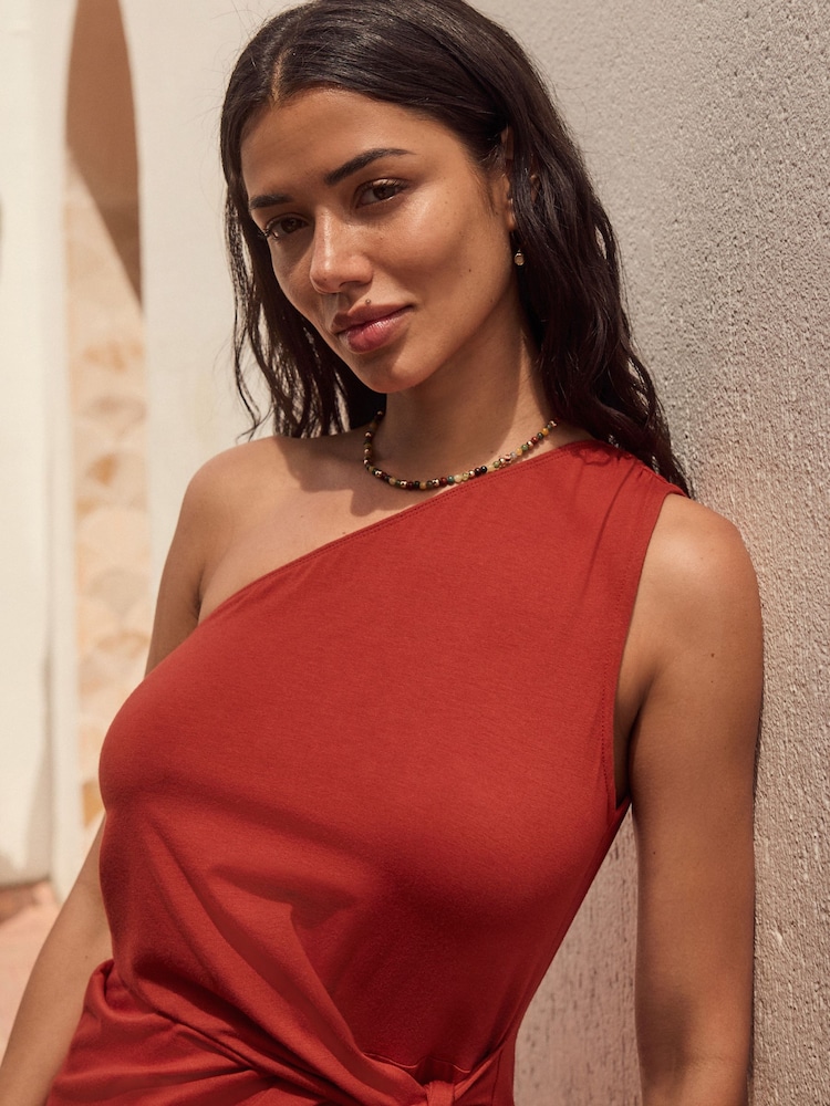 חום חלודה - One Shoulder Summer Midi Dress - Image 4 of 8