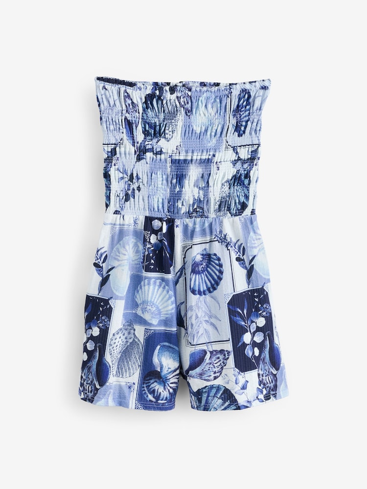 Blue Bandeau Shirred 100% Cotton Playsuit - Image 6 of 8