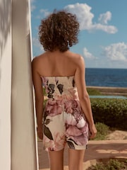 Natural/Pink Bandeau Shirred 100% Cotton Playsuit - Image 3 of 9
