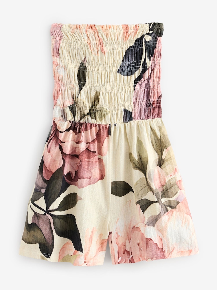 Natural/Pink Bandeau Shirred 100% Cotton Playsuit - Image 7 of 9