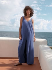 Blue 100% Cotton Jersey Wide Leg V-Neck Jumpsuit - Image 2 of 9