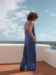 Blue 100% Cotton Jersey Wide Leg V-Neck Jumpsuit - Image 3 of 9