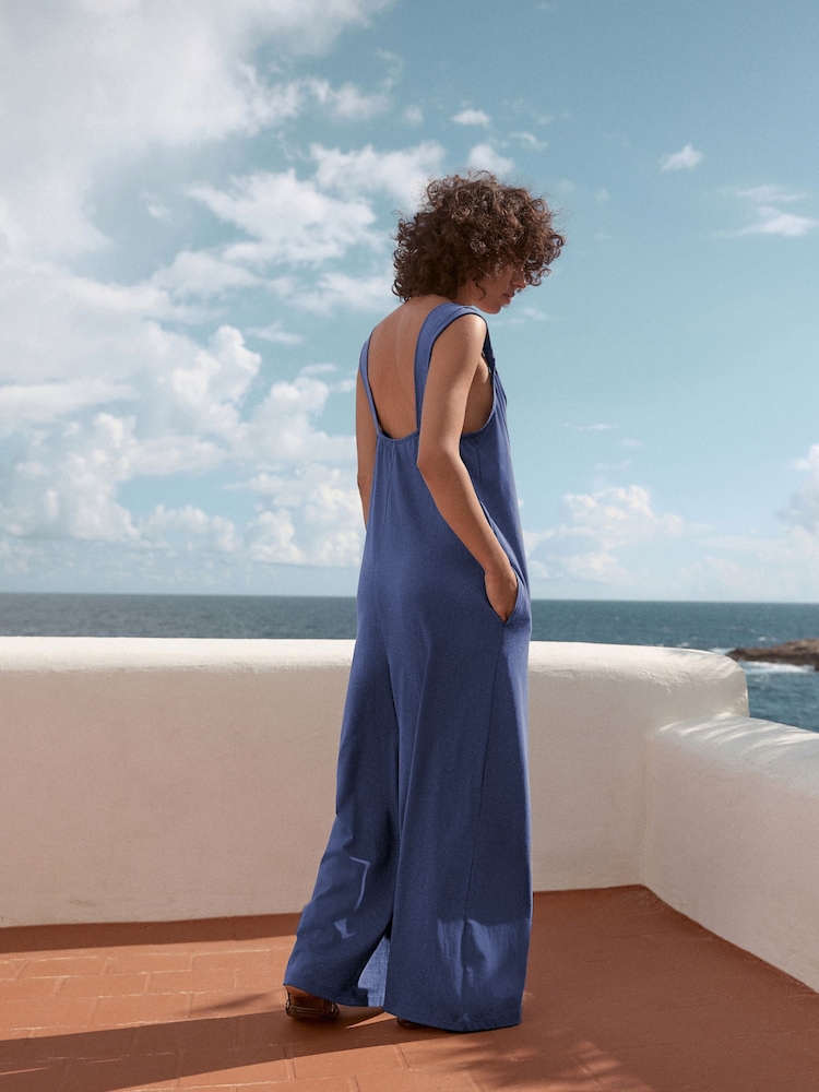 Blue Jersey Wide Leg V-Neck Jumpsuit - Image 3 of 9