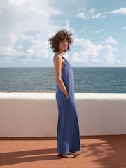 Blue 100% Cotton Jersey Wide Leg V-Neck Jumpsuit - Image 4 of 9