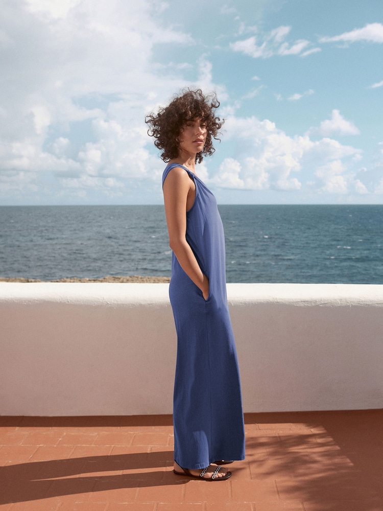 Blue Jersey Wide Leg V-Neck Jumpsuit - Image 4 of 9