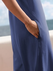 Blue 100% Cotton Jersey Wide Leg V-Neck Jumpsuit - Image 5 of 9