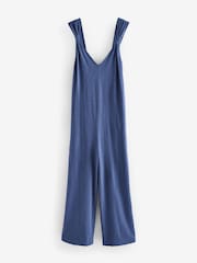 Blue 100% Cotton Jersey Wide Leg V-Neck Jumpsuit - Image 7 of 9