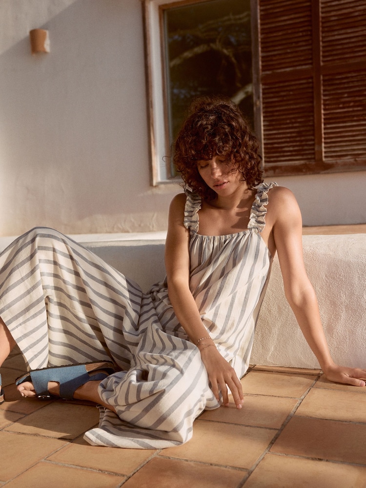 Blue/Ecru Ruffle Strap Wide Leg 100% Cotton Jumpsuit - Image 3 of 11