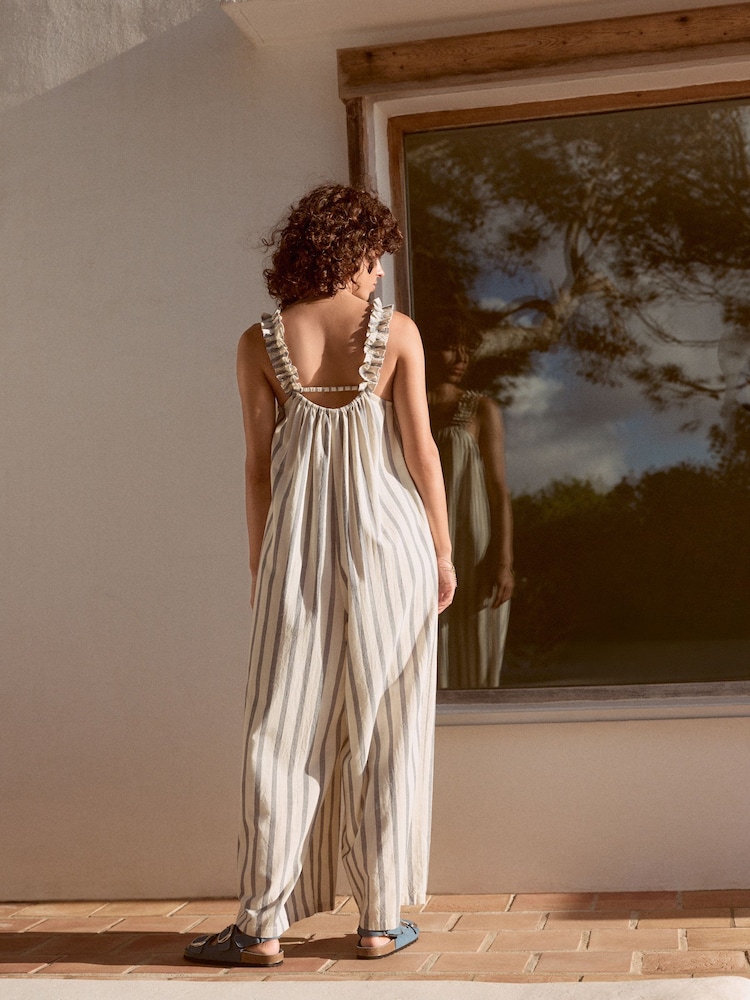 Blue/Ecru Ruffle Strap Wide Leg 100% Cotton Jumpsuit - Image 6 of 11