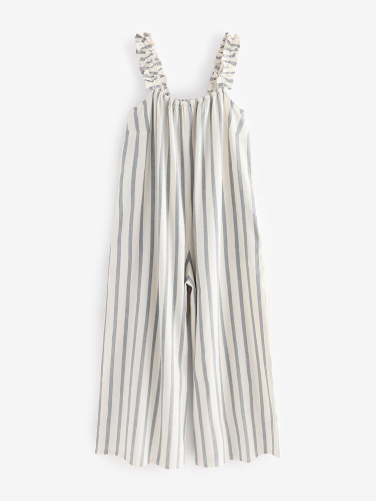 Blue/Ecru Ruffle Strap Wide Leg 100% Cotton Jumpsuit - Image 9 of 11