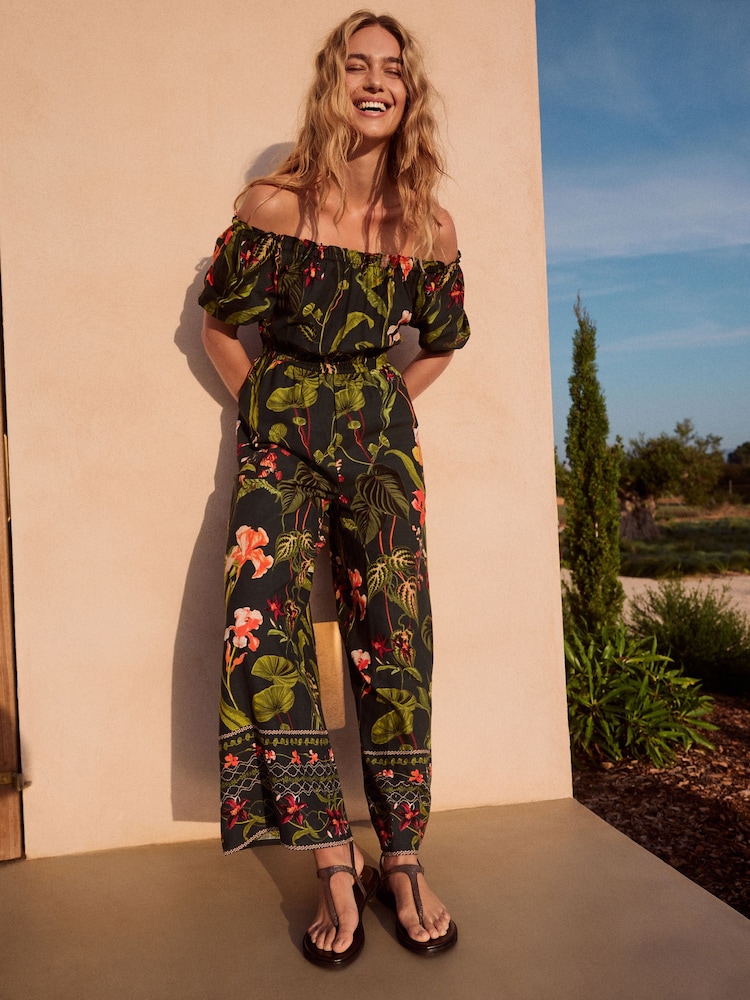 Verde esmeralda - Off Shoulder Wide Leg 100% Cotton Jumpsuit - Imagen 1 de 10
