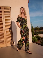 Verde esmeralda - Off Shoulder Wide Leg 100% Cotton Jumpsuit - Imagen 3 de 10
