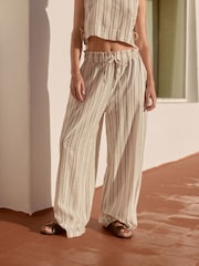 Green/Ecru 100% Cotton Striped Wide Leg Trousers - Image 1 of 9