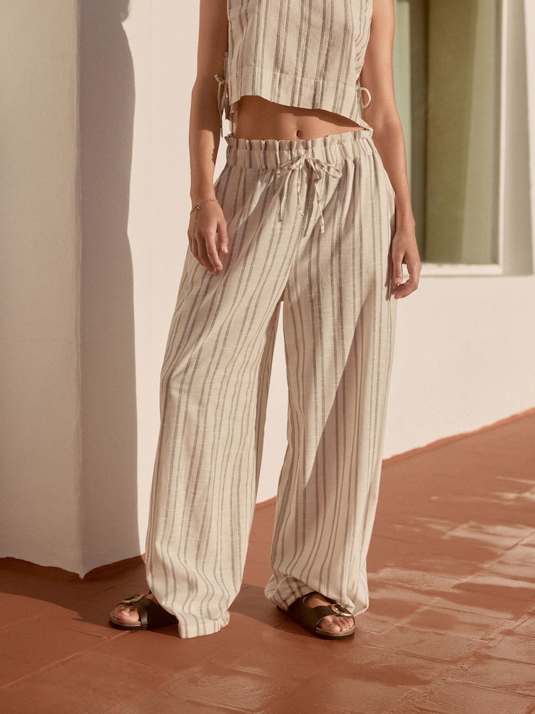 Green/Ecru 100% Cotton Striped Wide Leg Trousers - Image 1 of 9