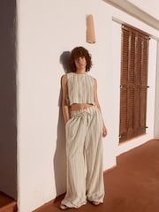 Green/Ecru 100% Cotton Striped Wide Leg Trousers - Image 2 of 9