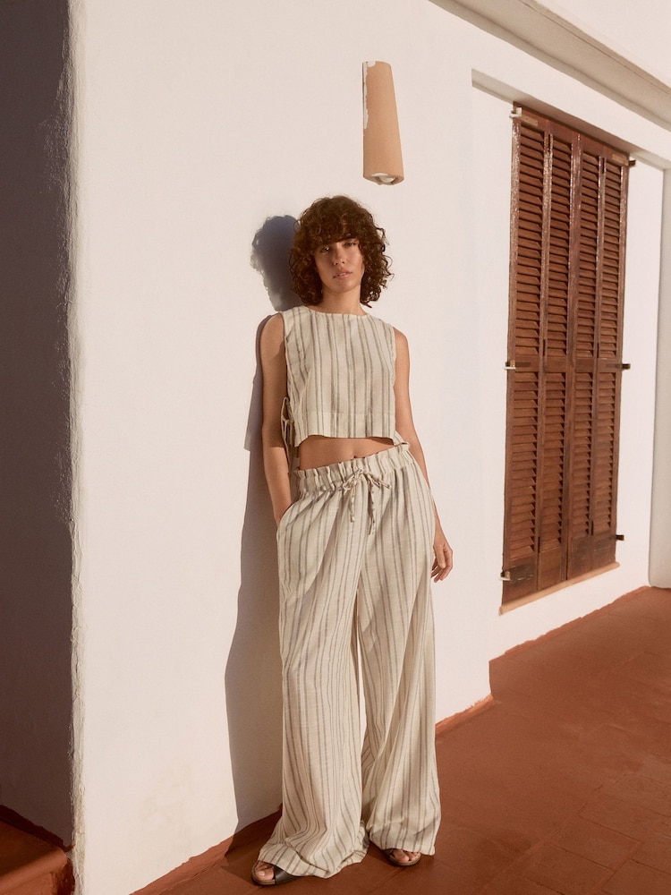 Green/Ecru 100% Cotton Striped Wide Leg Trousers - Image 2 of 9