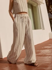 Green/Ecru 100% Cotton Striped Wide Leg Trousers - Image 3 of 9
