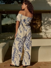 White/Blue Off Shoulder Wide Leg 100% Cotton Jumpsuit - Image 2 of 8