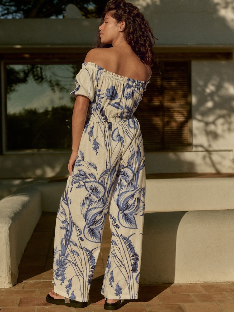 White/Blue Off Shoulder Wide Leg 100% Cotton Jumpsuit - Image 2 of 8