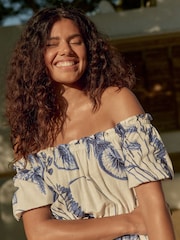 White/Blue Off Shoulder Wide Leg 100% Cotton Jumpsuit - Image 4 of 8