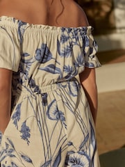White/Blue Off Shoulder Wide Leg 100% Cotton Jumpsuit - Image 5 of 8