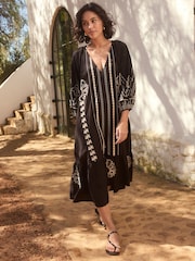 Black/White Embroidered Long Sleeve Midi Dress - Image 1 of 4