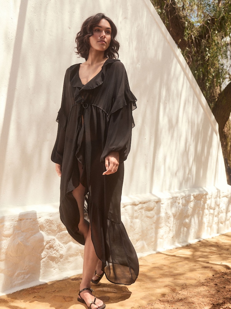 Black Sheer Ruffled Maxi Cover-Up - Image 2 of 8