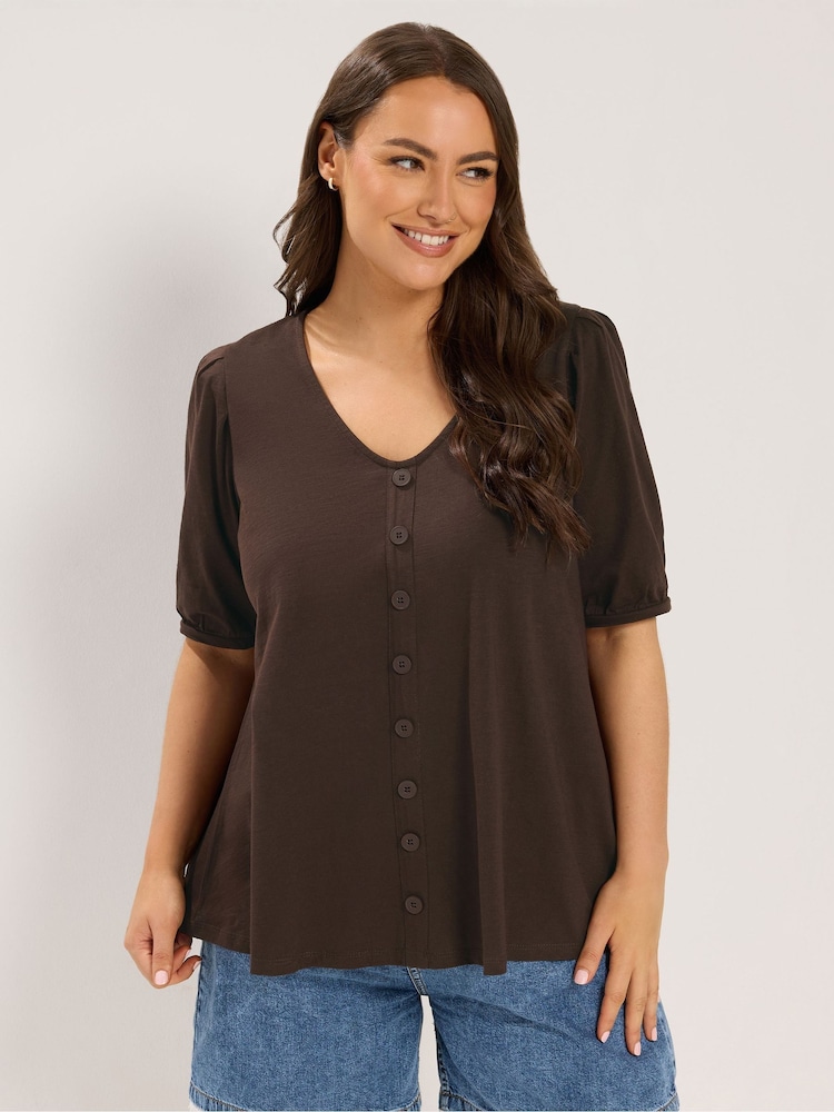 Yours Curve Brown Button Front Puff Sleeve V-Neck Top - Image 1 of 5 Yours Curve Brown Button Front Puff Sleeve V-Neck Top - Image 1 of 5