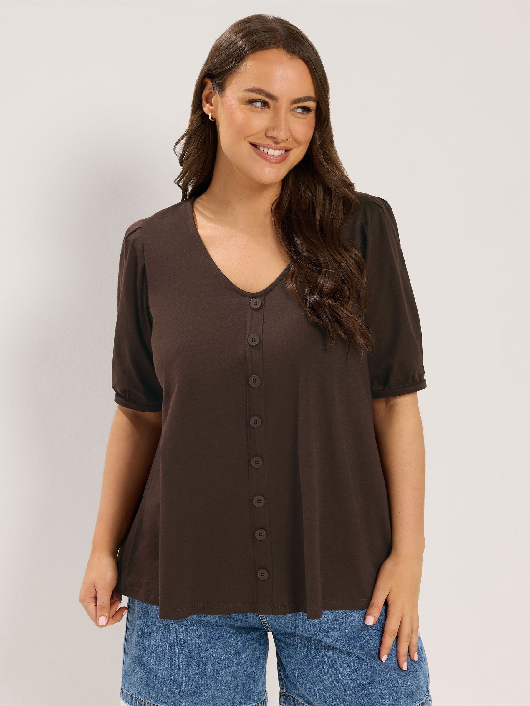 Yours Curve Women's Brown Button Front Puff Sleeve V-Neck Top