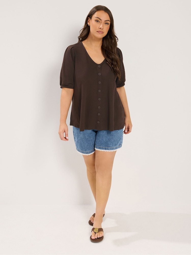 Yours Curve Brown Button Front Puff Sleeve V-Neck Top - Image 2 of 5 Yours Curve Brown Button Front Puff Sleeve V-Neck Top - Image 2 of 5