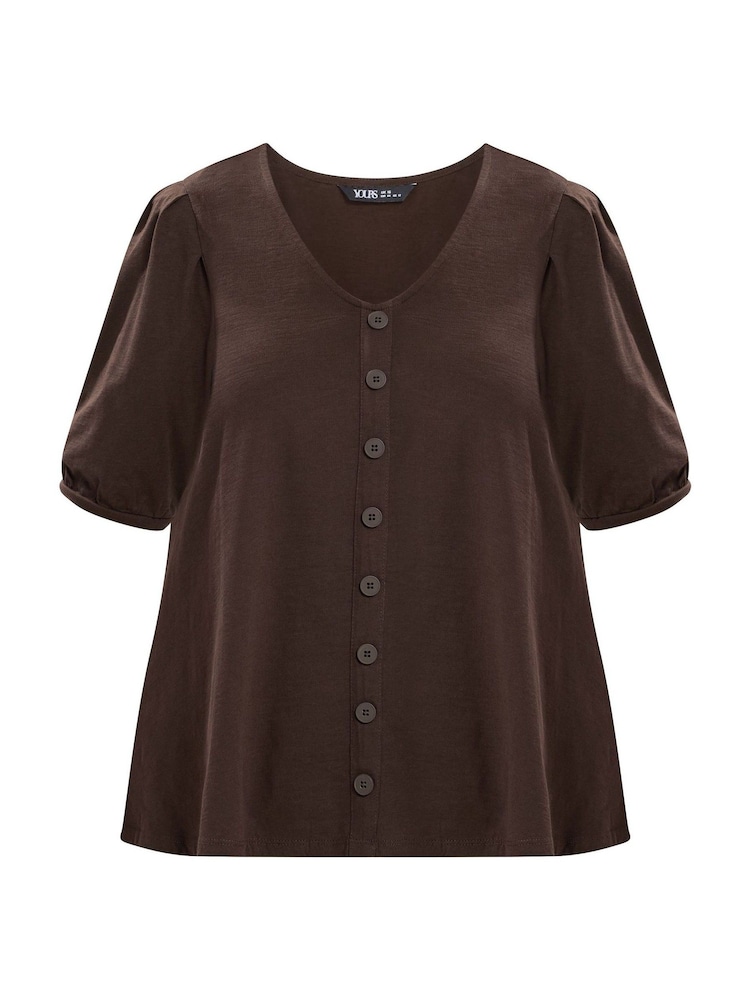 Yours Curve Brown Button Front Puff Sleeve V-Neck Top - Image 5 of 5 Yours Curve Brown Button Front Puff Sleeve V-Neck Top - Image 5 of 5