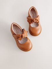 Tan Brown Bow Leather Touch Fastening Shoes - Image 4 of 6