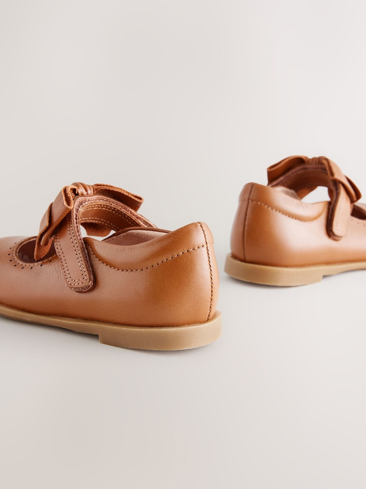 Tan Brown Bow Leather Touch Fastening Shoes - Image 6 of 6