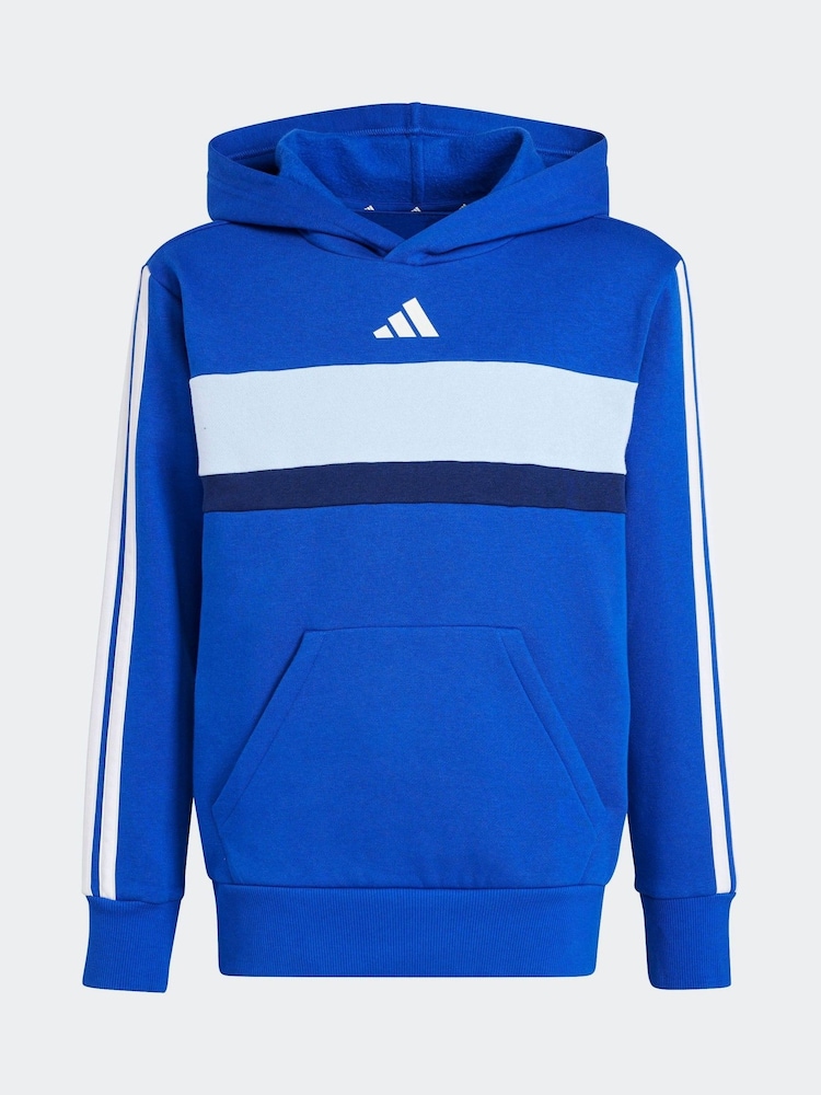 adidas Blue 3 Stripe Tibero Fleece Hoodie - Image 5 of 5