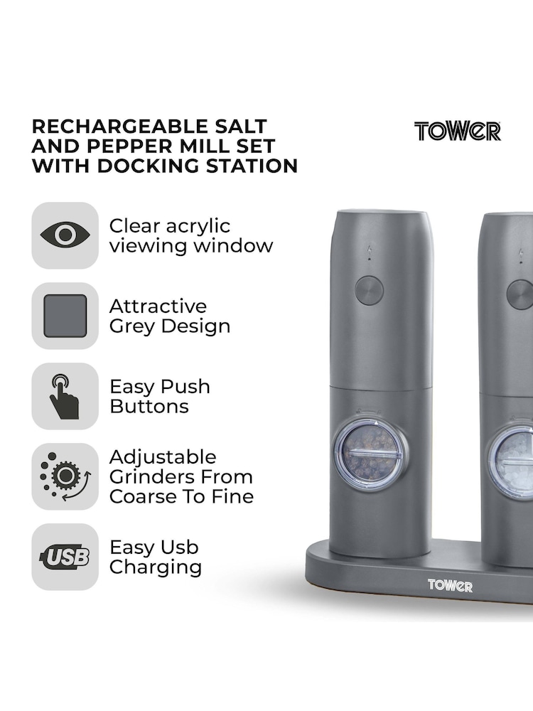 Tower Grey Rechargeable Salt and Pepper Mill Set - Image 2 of 11 Tower Grey Rechargeable Salt and Pepper Mill Set - Image 2 of 11