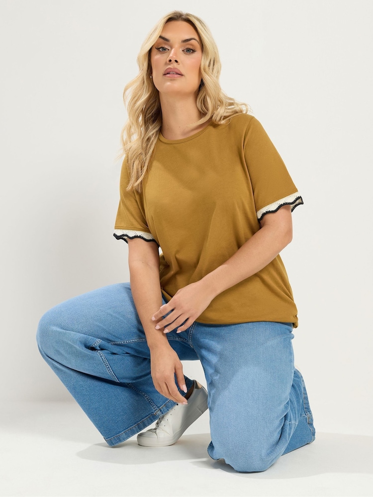 Yours Curve Brown Metallic Crochet Trim T-Shirt - Image 1 of 6