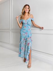 Sistaglam Blue Floral Print Ruffled Dress With A Cold Shoulder Sleeve - Image 1 of 4