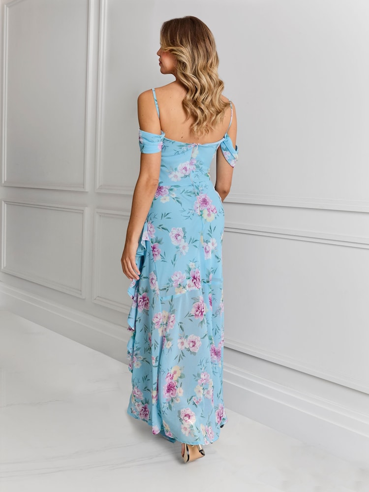Sistaglam Blue Floral Print Ruffled Dress With A Cold Shoulder Sleeve - Image 2 of 4 Sistaglam Blue Floral Print Ruffled Dress With A Cold Shoulder Sleeve - Image 2 of 4