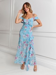 Sistaglam Blue Floral Print Ruffled Dress With A Cold Shoulder Sleeve - Image 3 of 4