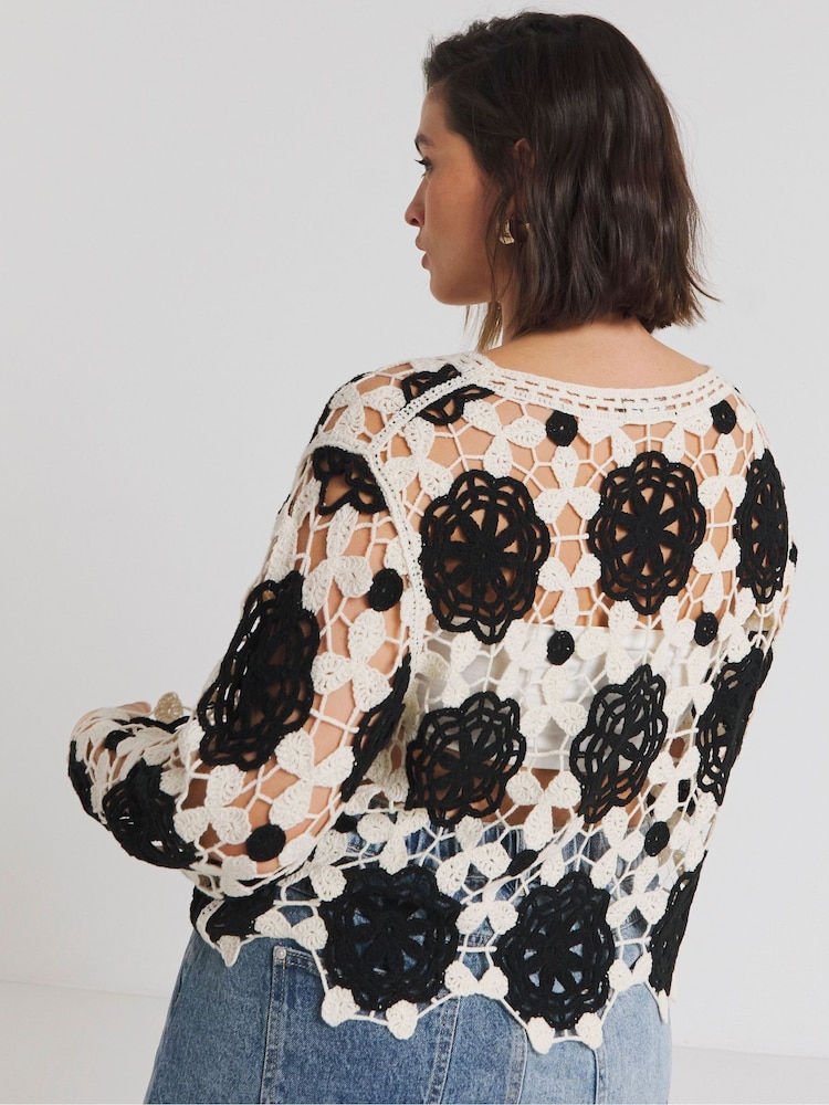 Simply Be Black 100% Cotton Open Crochet Flared Sleeve Jumper - Image 2 of 3