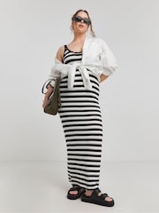 Simply Be Black Mono Stripe Knitted Midaxi Dress - Image 1 of 4