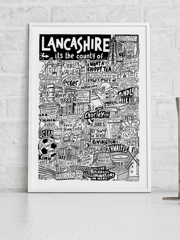 Sketchbook Design Black Lancashire Landmarks Illustration Framed Wall Art Print - White A4 Frame - Image 1 of 4 Sketchbook Design Black Lancashire Landmarks Illustration Framed Wall Art Print - White A4 Frame - Image 1 of 4